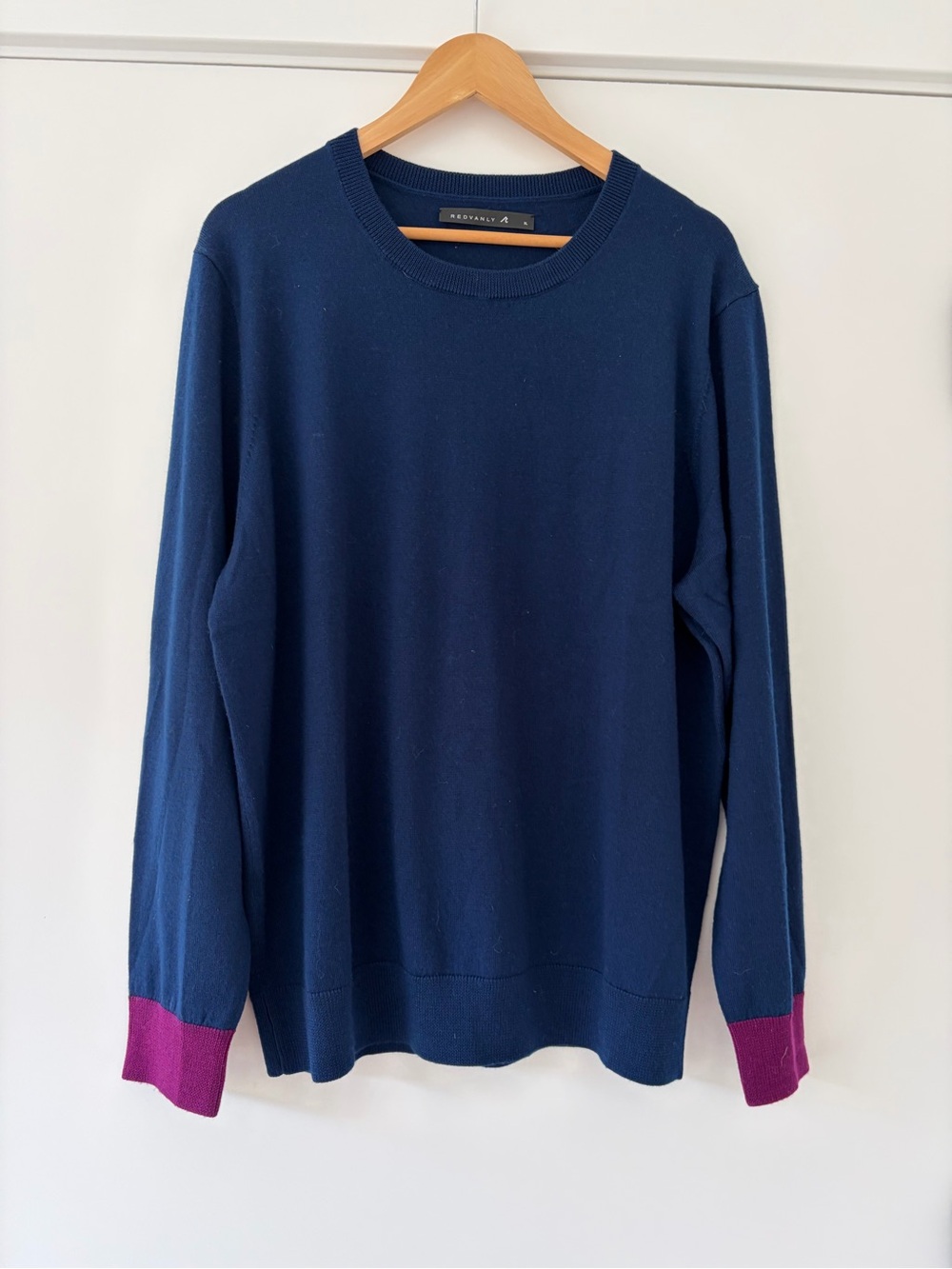 Redvanly 100% Merino Wool Men's Navy Crewneck Sweater with Magenta Cuff XL